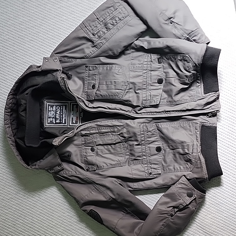 Buffalo David Bitton Grey heavy bomber removable hood jacket M